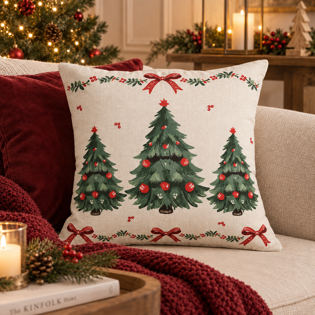 Cuscino Natalizio Decorativo Beige con Alberi di Natale Verdi e Fiocchi Rossi 45 x 45 cm