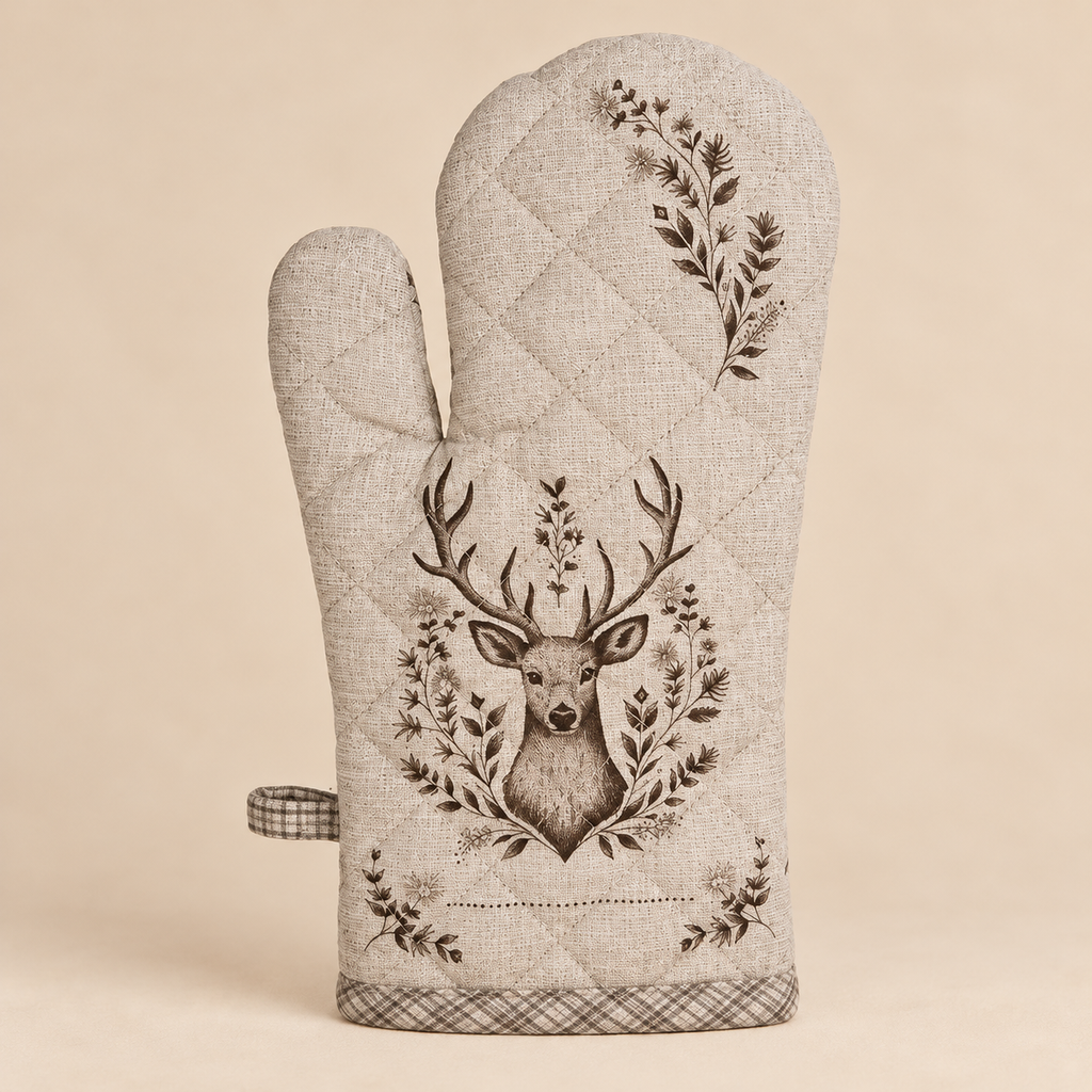 Guanto da Forno Natalizio Winter Woodland Double Face con Cervo Beige 18 x 30 cm in Cotone