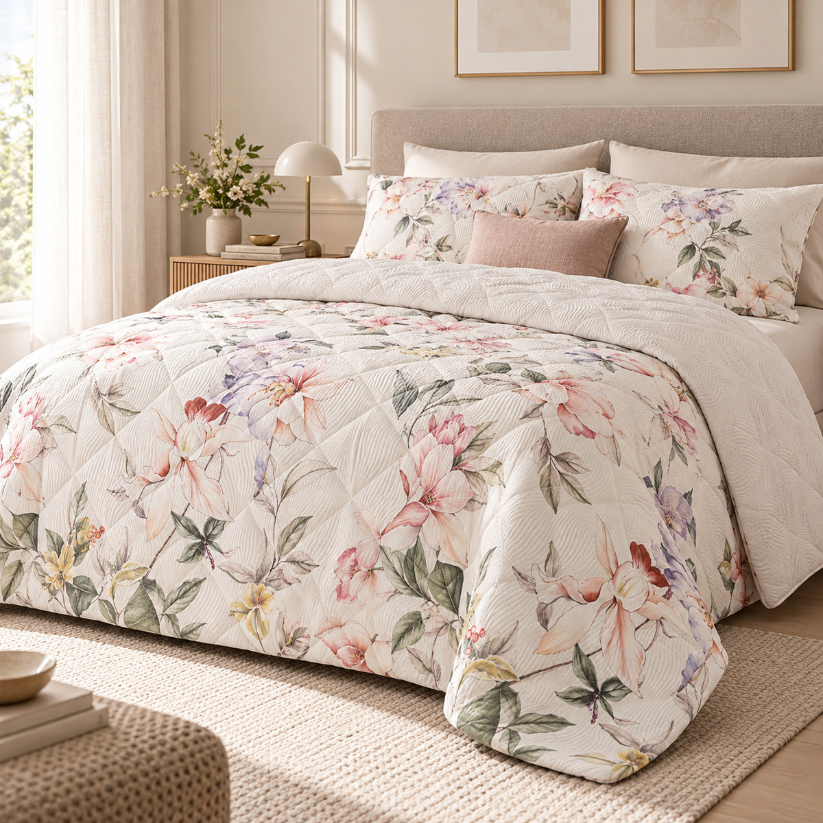 Trapunta Leggera Matrimoniale Medea Double-Face in Percalle di Cotone 200 T.C. con Fantasia Floreale Rosa e Lilla – Tessitura Randi