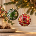Sfera di Natale  in Vetro con Fantasia Catene Verde Bosco e Rosso Bordeaux – Ø 10 cm (Seconda scelta)