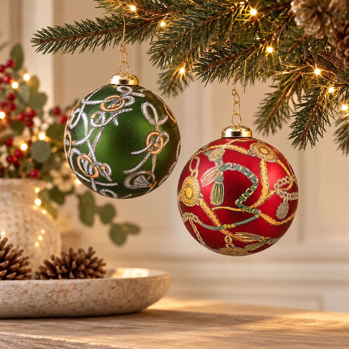 Sfera di Natale  in Vetro con Fantasia Catene Verde Bosco e Rosso Bordeaux – Ø 10 cm (Seconda scelta)