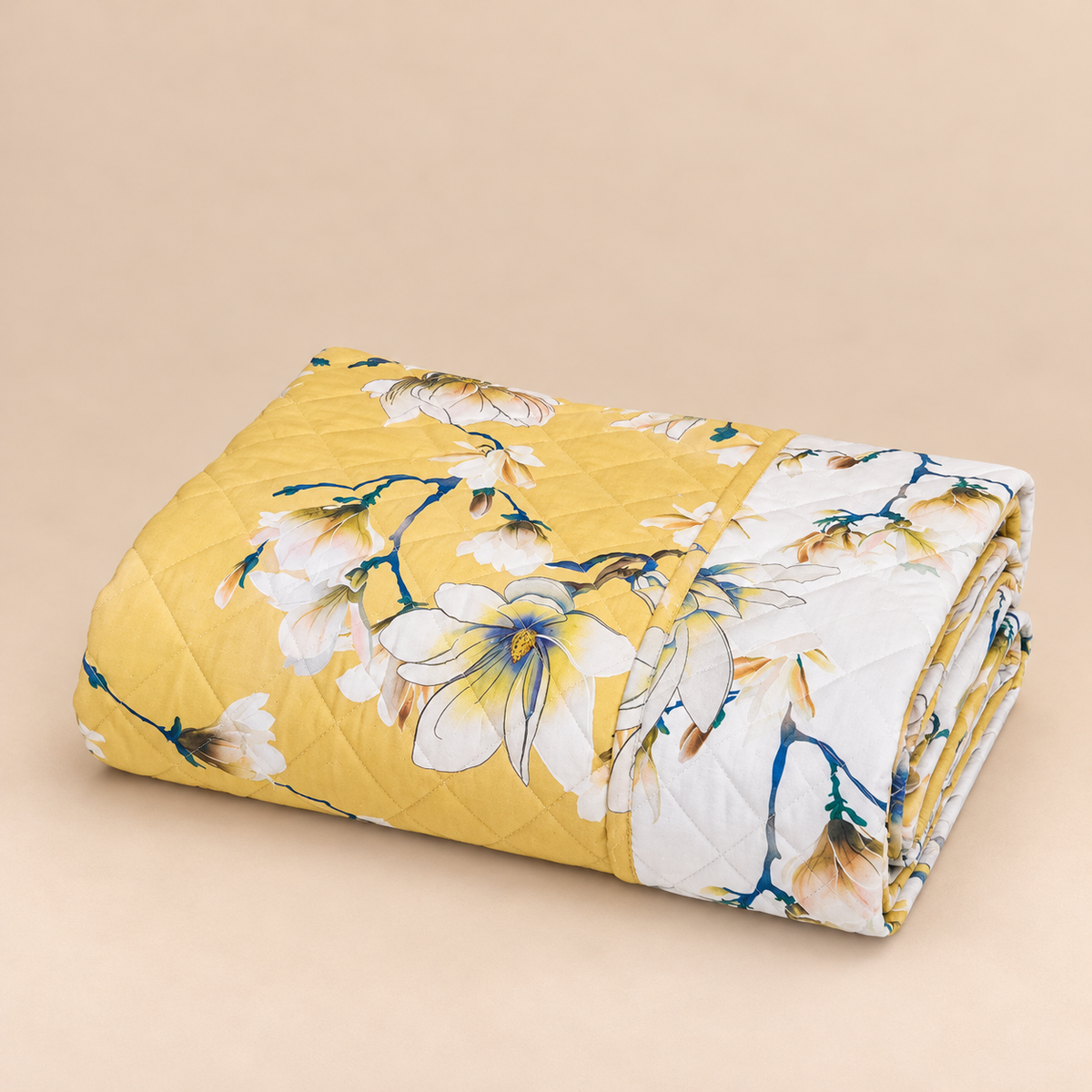 Trapunta Leggera Matrimoniale Double-Face Kyoto n Percalle di Cotone 200 T.C. con Fantasia Floreale Giallo e Bianco 270 x 270 cm – Tessitura Randi