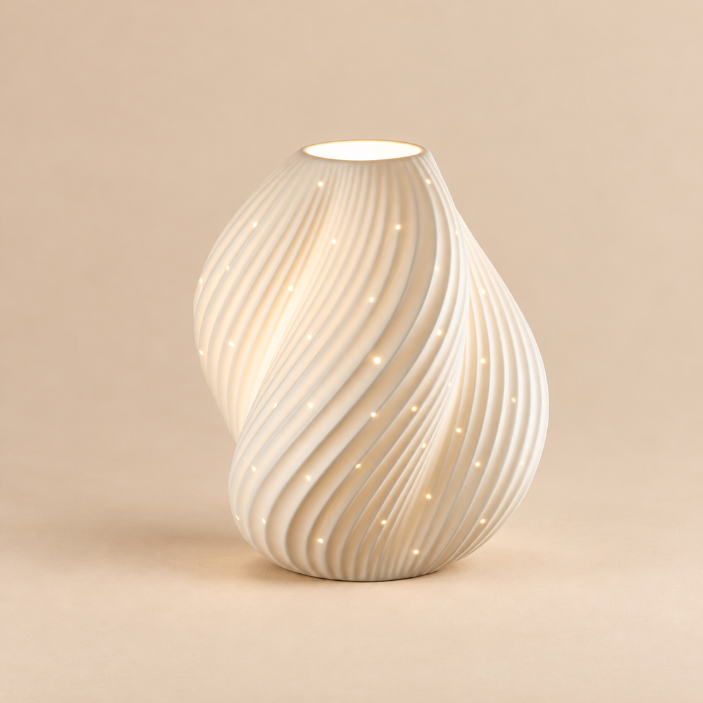 Lampada Decorativa LED in Porcellana Bianca con Lavorazione a Spirale – Collezione Incanto Invernale 19x23 cm