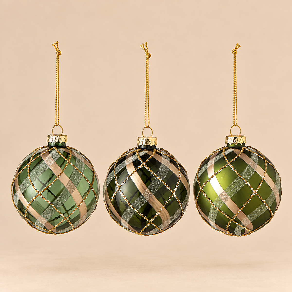 Sfera di Natale in Vetro Verde e Oro con Fantasia a Quadretti e Glitter – Ø 8 cm