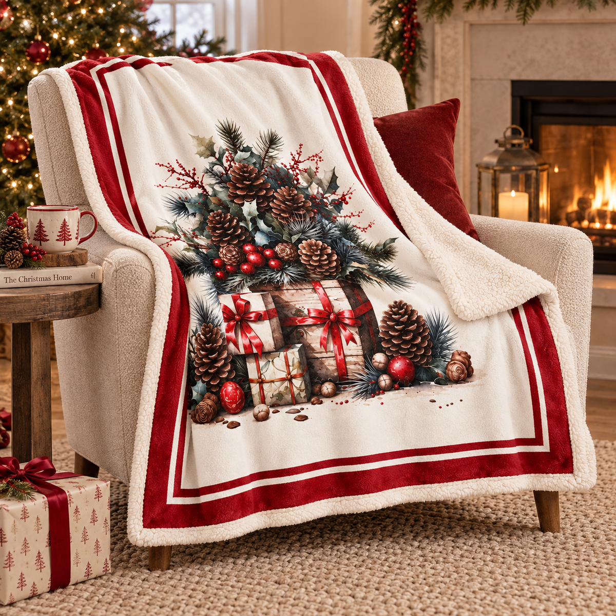 Plaid Natalizio Christmas in the Country con Pigne e Regali 130 x 160 cm