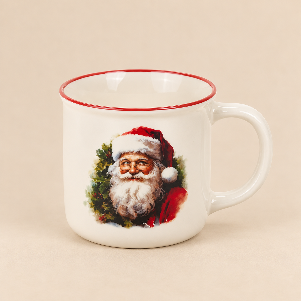 Tazza Natalizia in Ceramica Color Crema con Babbo Natale Vintage – Collezione Christmas is Coming