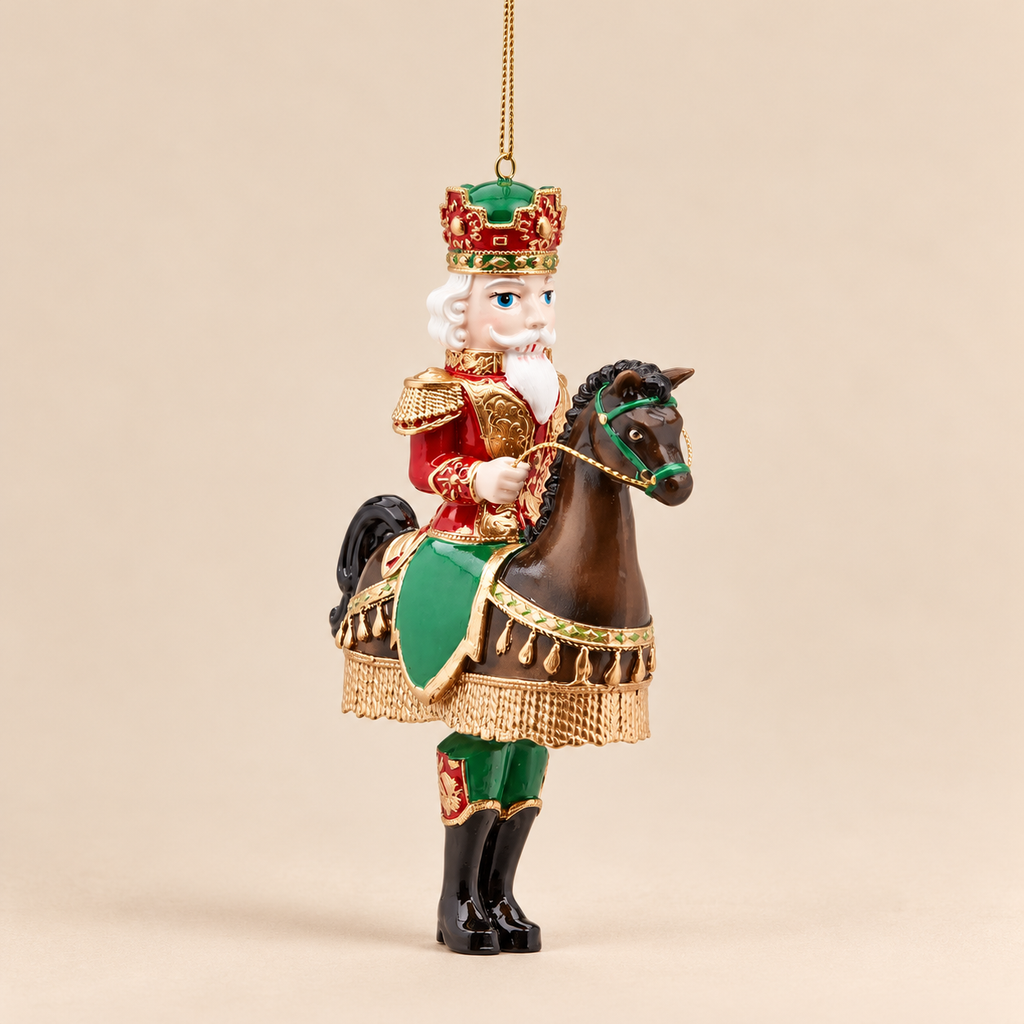 Pendente Natalizio EDG Schiaccianoci Re a Cavallo Rosso e Verde con Dettagli Oro 33cm