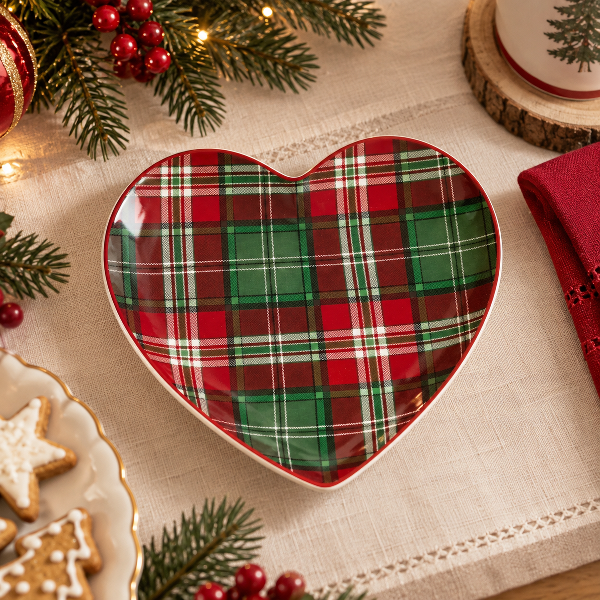 Piatto Natalizio a Cuore Queen in Ceramica con Fantasia Tartan Rosso e Verde 17 x 16 cm