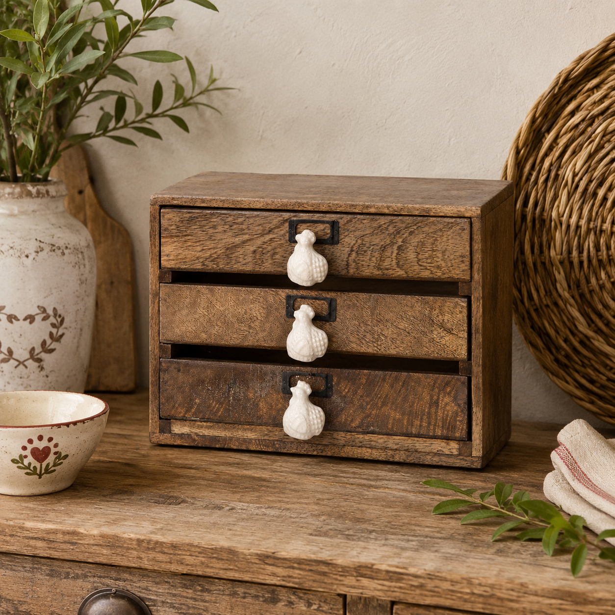 Cassettiera Gallo in Legno e Ceramica – 29 x 14 x H 22 cm