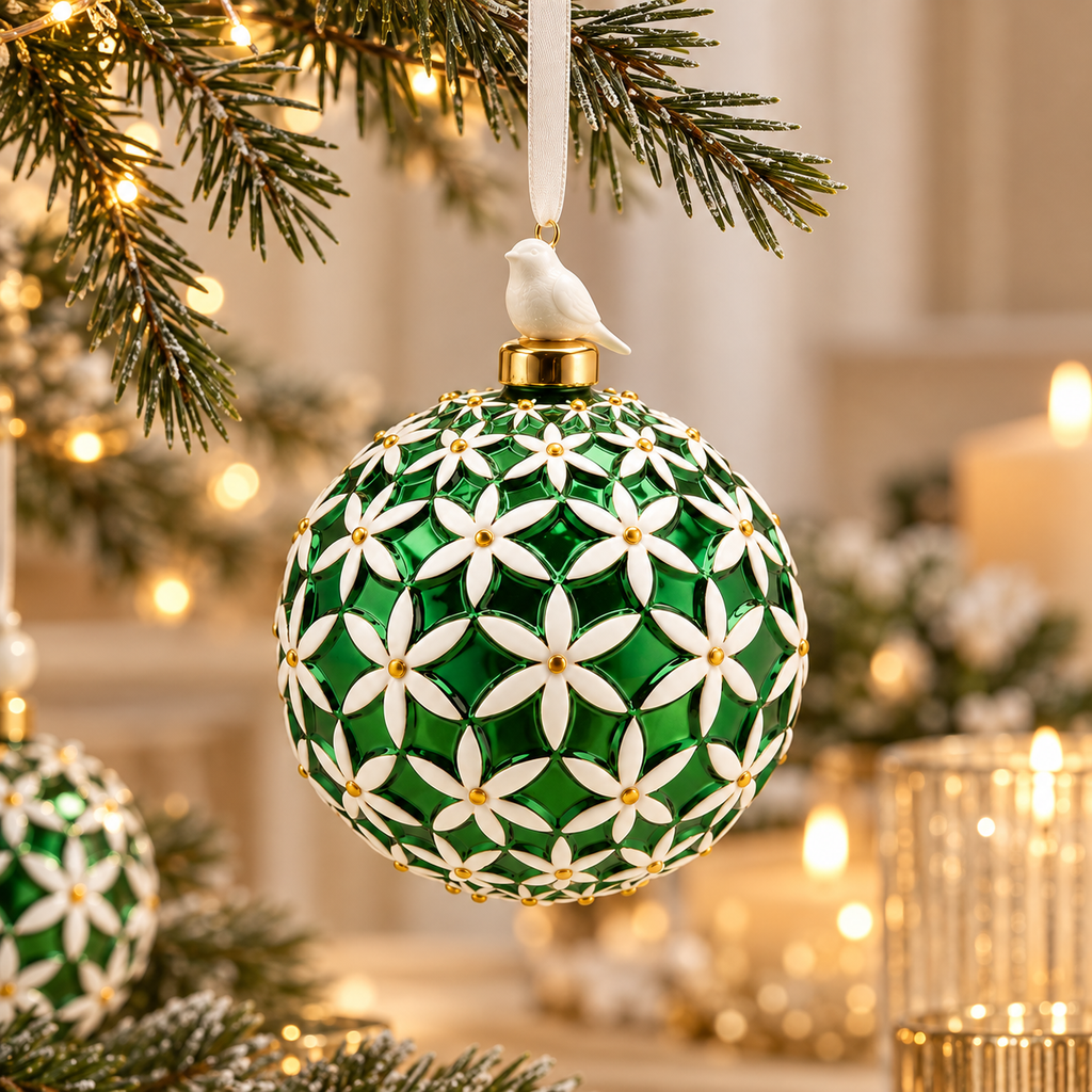 Sfera di Natale n Vetro Verde Smeraldo con Fiori Bianchi in Porcellana e Uccellino – Ø 10 cm
