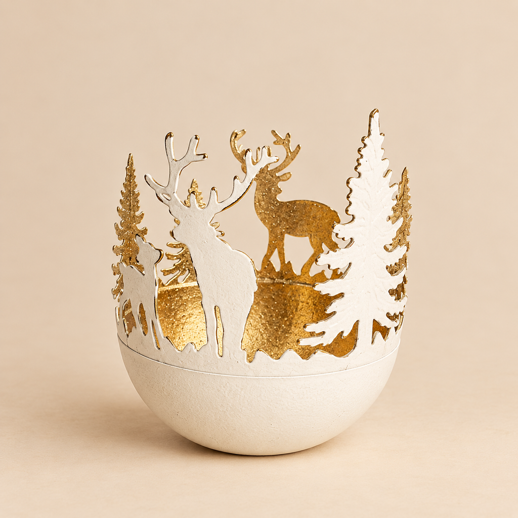 Portacandela Natalizio con Renne e Pini Oro Ø8 x H10 cm