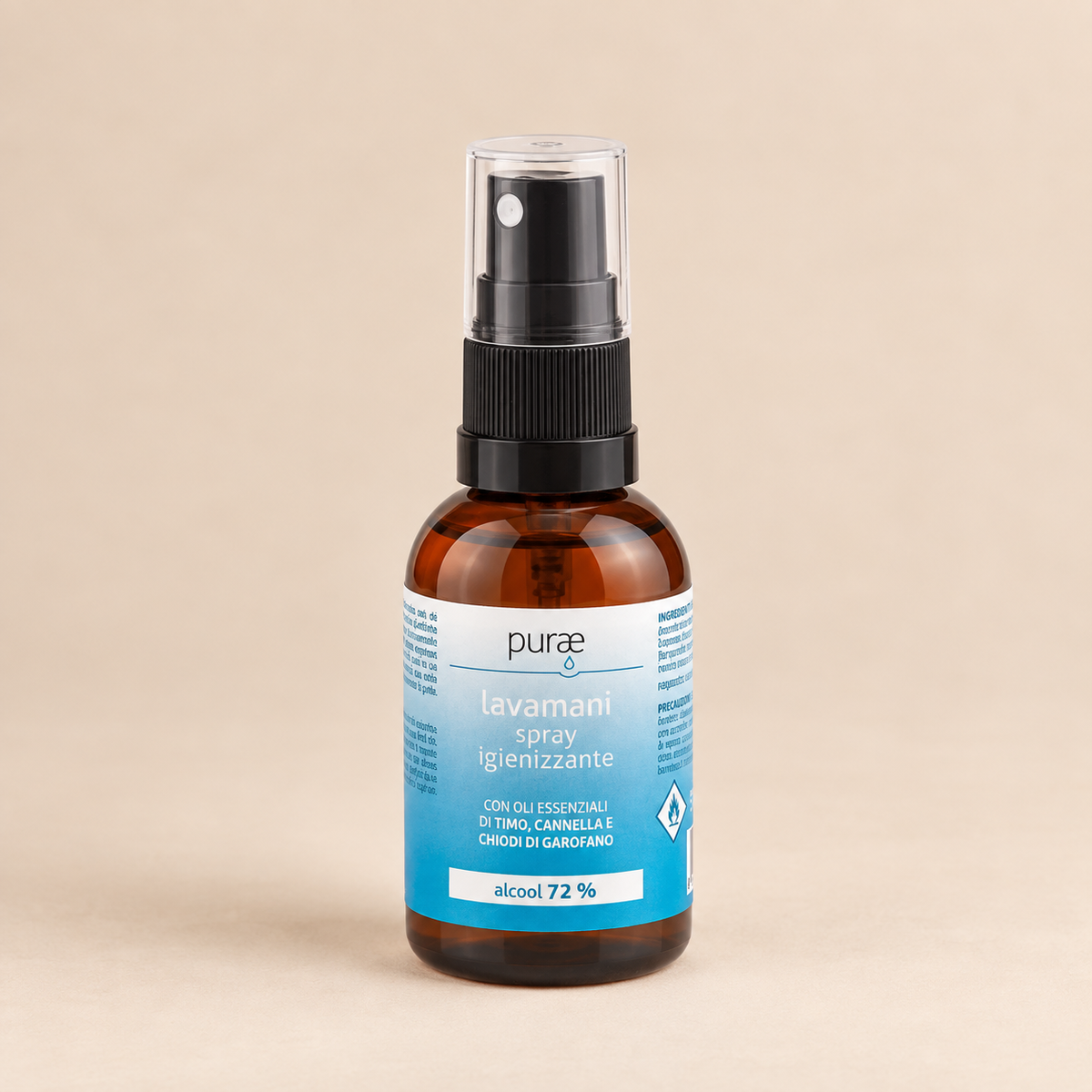 Lavamani Spray Igienizzante Purae 50 ml – Alcool 72% con Oli Essenziali