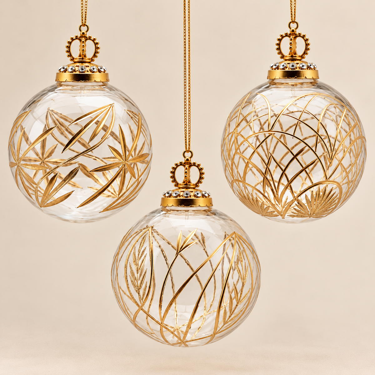 Sfera Natalizia EDG in Vetro Trasparente con Foglie e Motivi Botanici Dorati Ø8 cm