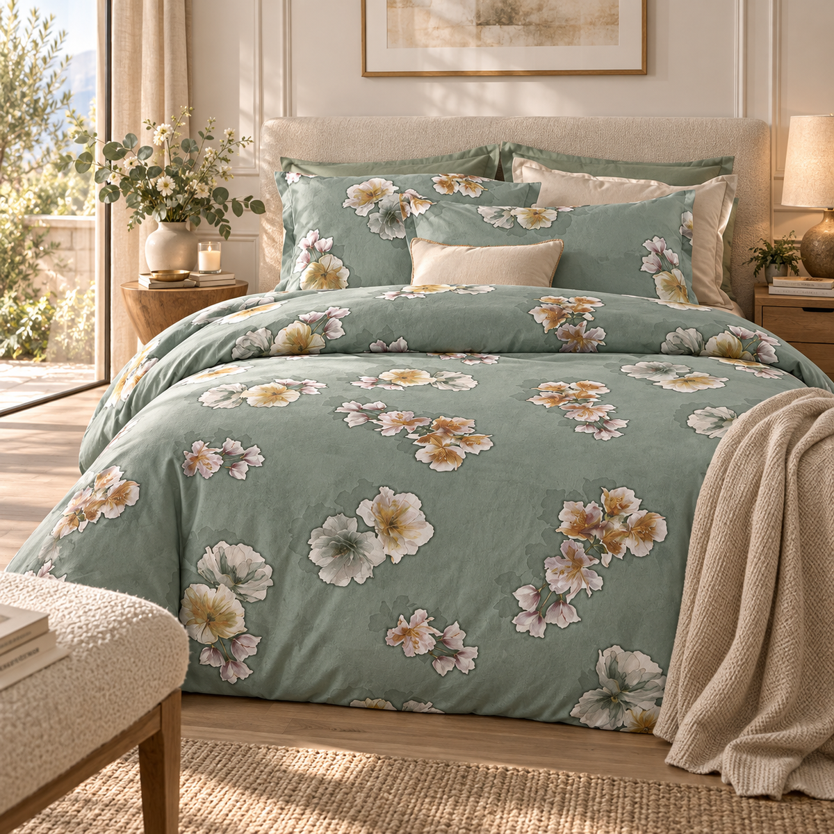 Parure Copripiumino Matrimoniale CAREZZA Salvia Tessitura Randi Collezione Bloom in Raso di Puro Cotone 300 T.C. Verde Salvia Floreale – 250 x 270 cm