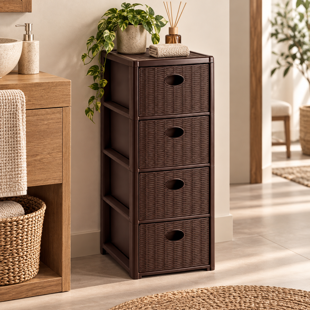 Cassettiera Elegance Slim 4 Cassetti Salvaspazio Marrone Scuro Effetto Rattan – 30 x 40 x H 80 cm