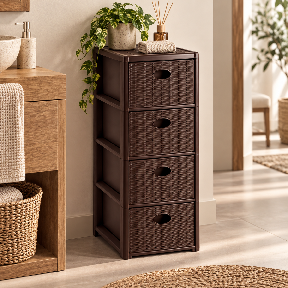 Cassettiera Elegance Slim 4 Cassetti Salvaspazio Marrone Scuro Effetto Rattan – 30 x 40 x H 80 cm