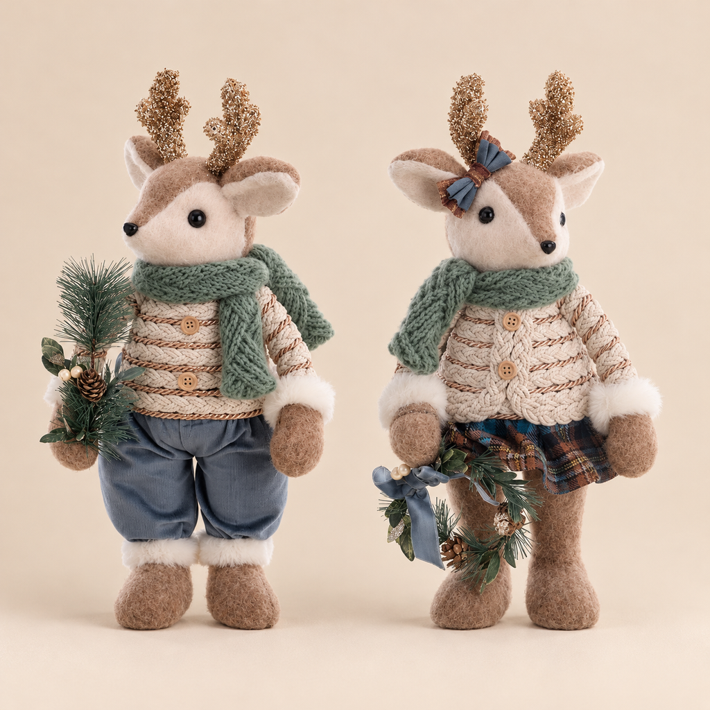 Renna Natalizia Decorativa in Tessuto con Maglioncino e Sciarpa Verde H44 cm – Blanc Mariclò Sottobosco Incantato