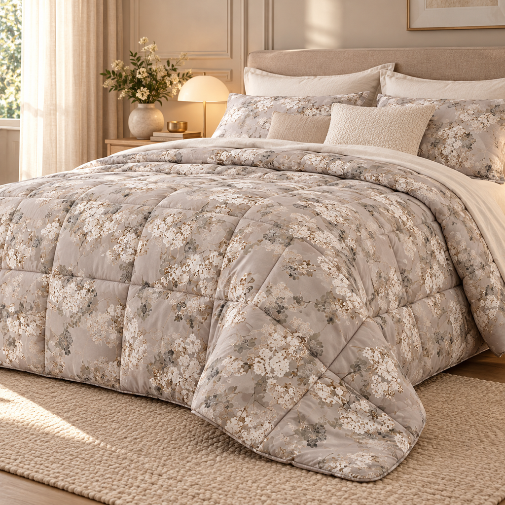 Trapunta Matrimoniale Invernale Boboli in Percalle di Puro Cotone con Fantasia Floreale Grigio Perla 270 x 270 cm – Fazzini