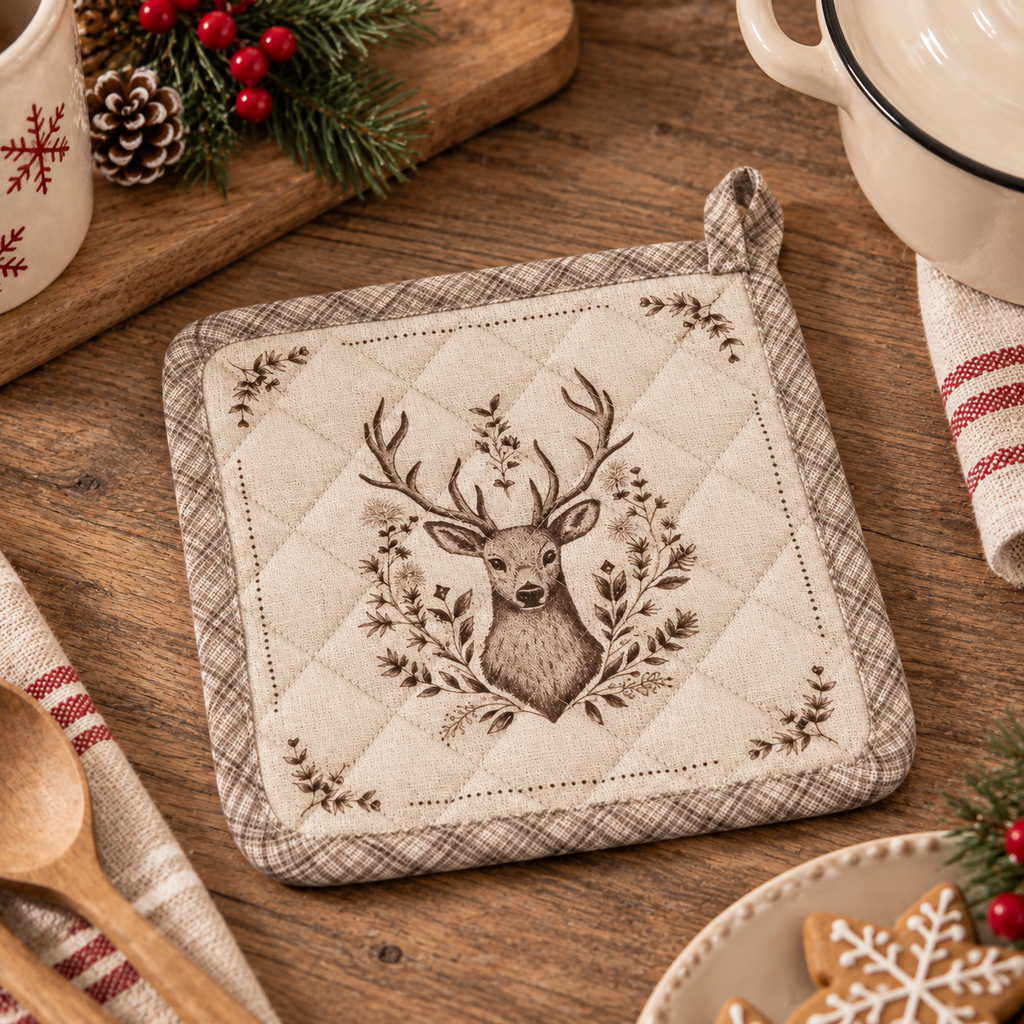 Presina da Cucina Natalizia Winter Woodland Double Face con Cervo Beige 20 x 20 cm in Cotone