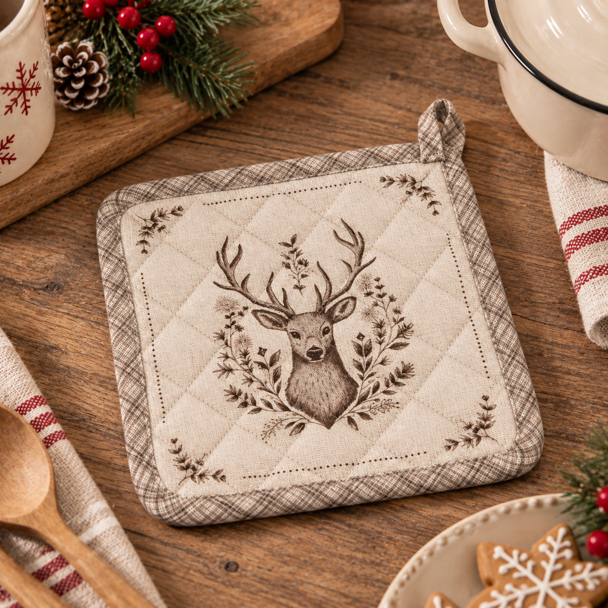 Presina da Cucina Natalizia Winter Woodland Double Face con Cervo Beige 20 x 20 cm in Cotone