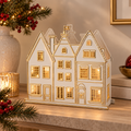 Portacandela Natalizio Villaggio di Casette Bianche e Oro in Metallo con Finestre – Collezione Villaggio di Luci 40x10,5x37 cm