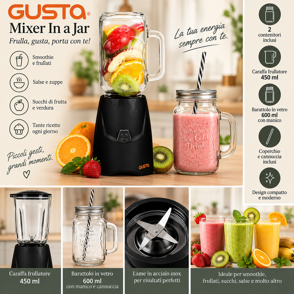 Gusta Mixer In a Jar – Frullatore con Caraffa e Barattolo da Bere