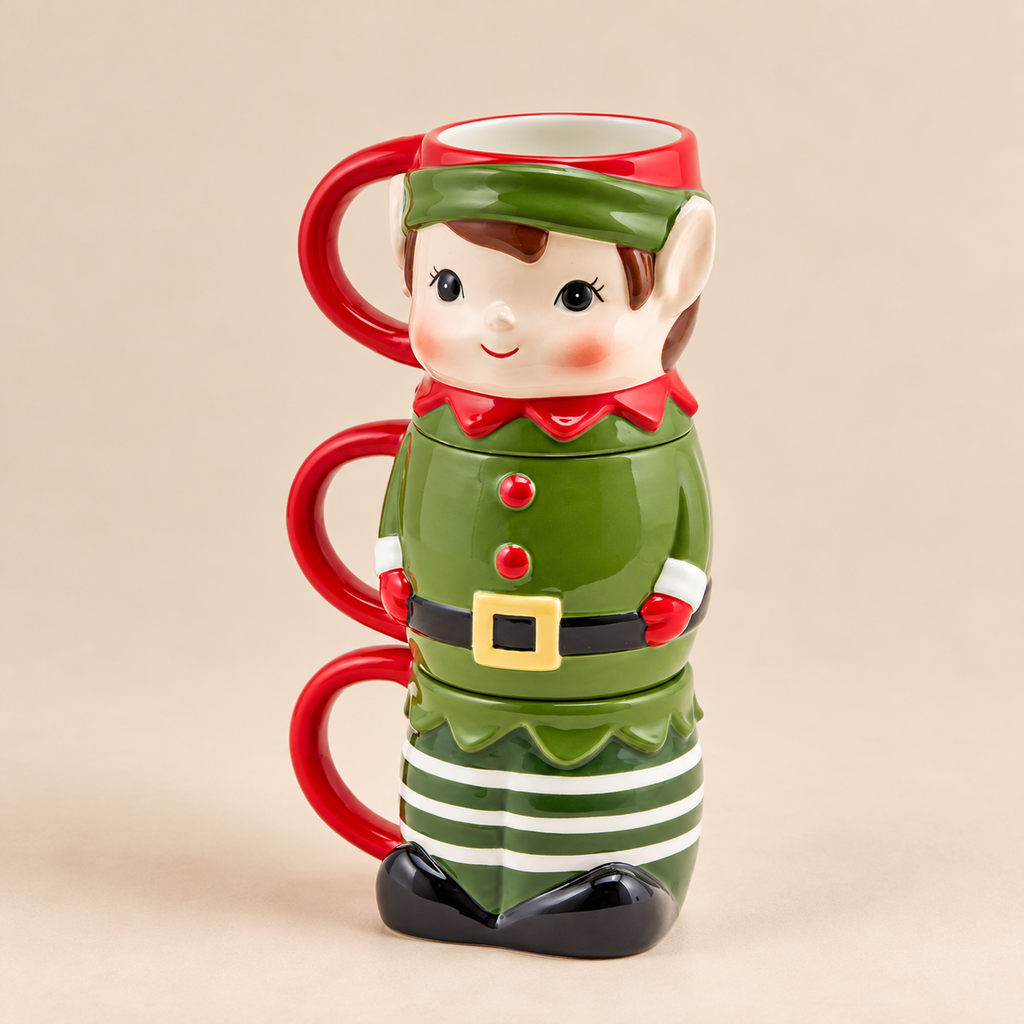 Set 3 Tazze Natalizie Impilabili a Forma di Elfo in Ceramica Verde e Rossa – H 26 cm – Confezione Regalo