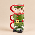 Set 3 Tazze Natalizie Impilabili a Forma di Elfo in Ceramica Verde e Rossa – H 26 cm – Confezione Regalo