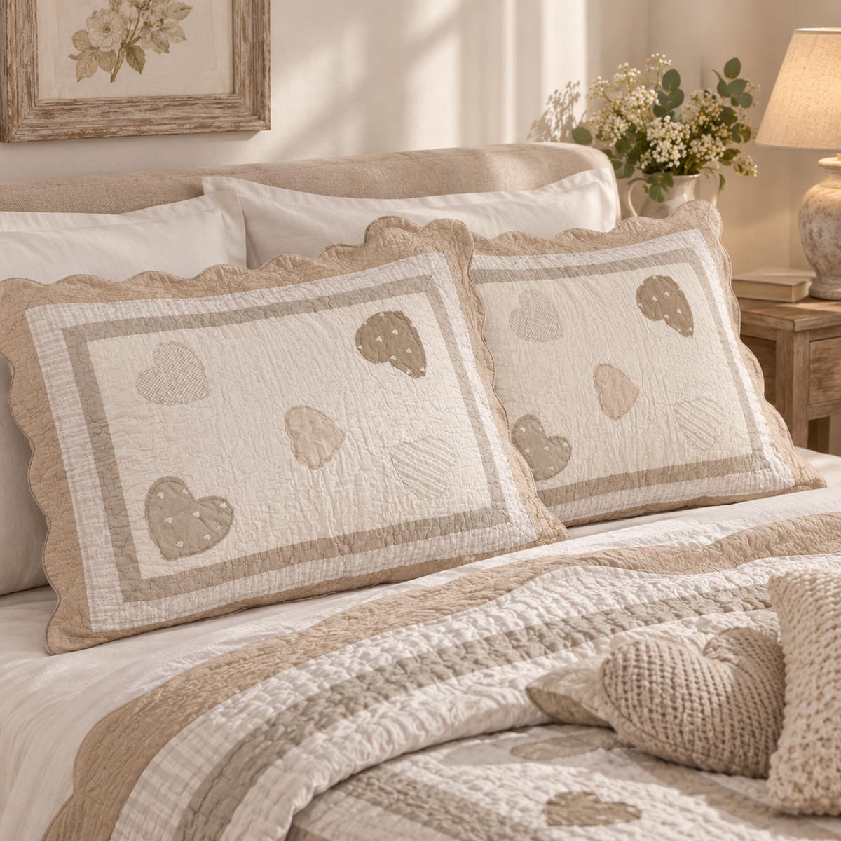 Coppia Copriguanciali Angelica Cuori Patch Ecrù – 52 x 80 cm