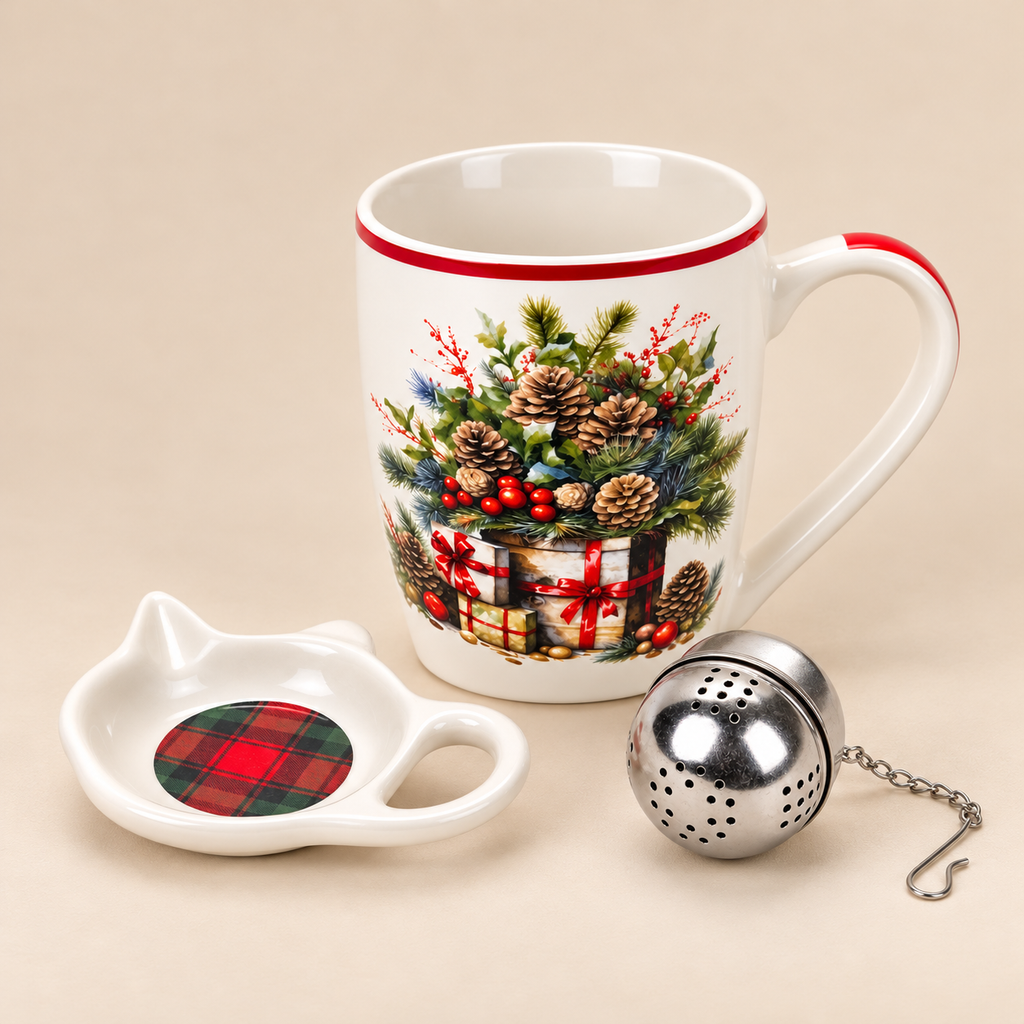 Tazza Natalizia in Ceramica con Infusore in Acciaio e Piattino – Decoro Pigne, Rami di Abete, Bacche Rosse e Pacchi Regalo – 350 ml – Con Confezione Regalo
