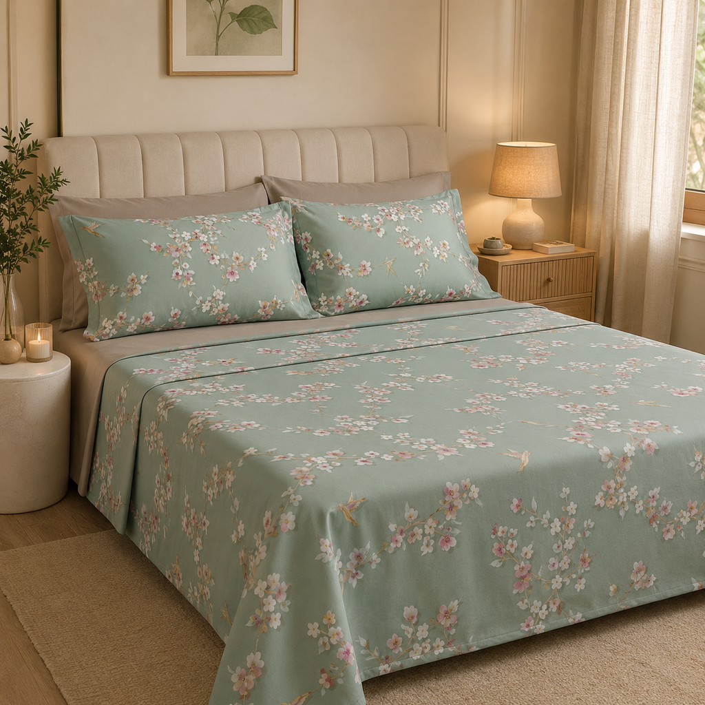 Completo Letto Matrimoniale Bloom Almond Agave – Raso di Puro Cotone 300 TC