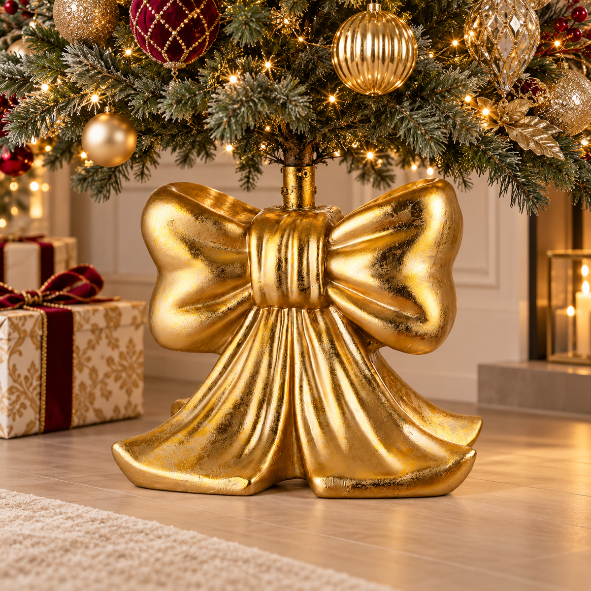 Base per Albero di Natale a Forma di Fiocco Gigante Oro in Resina e Metallo – Collezione Fiocco Reale