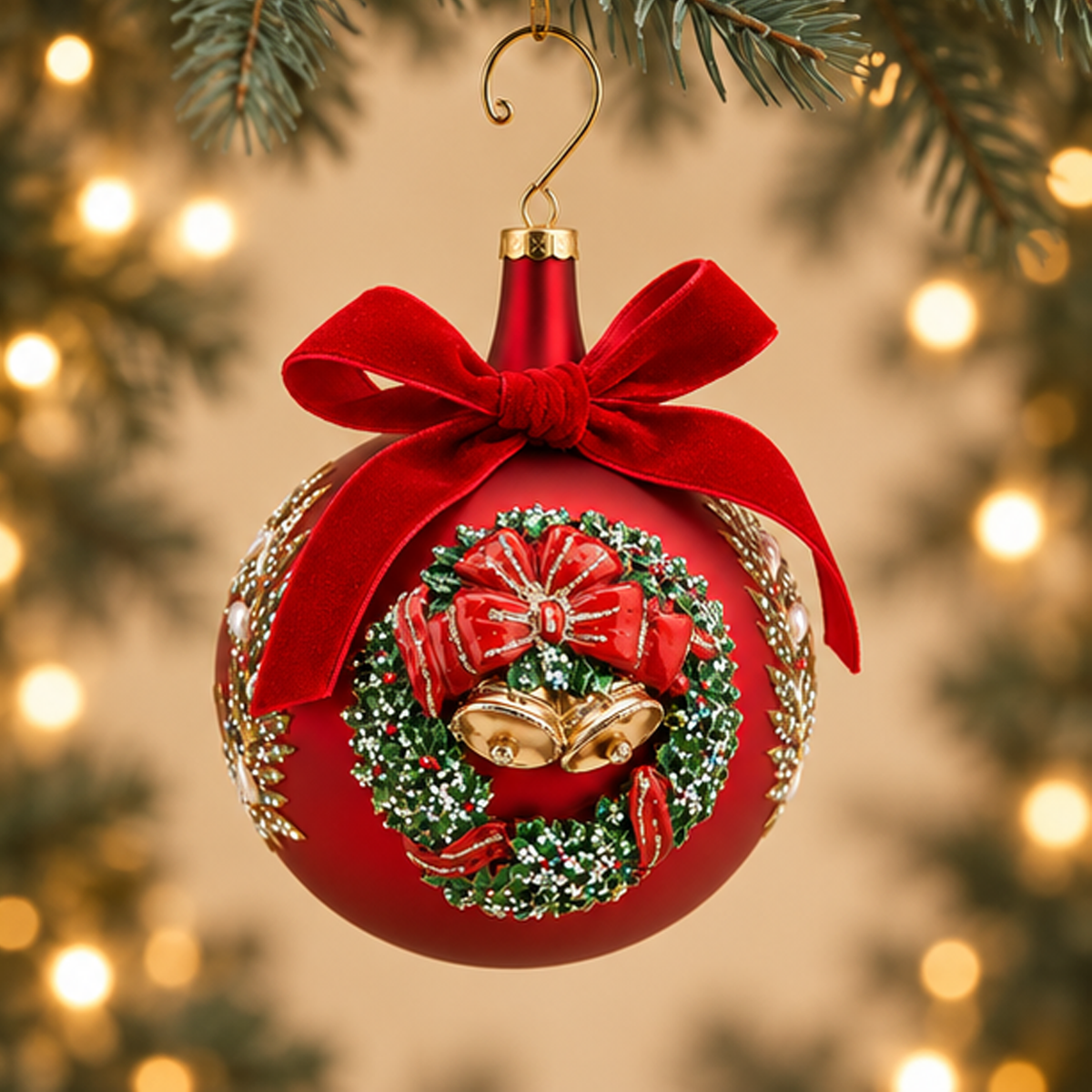 Sfera di Natale Rossa con Ghirlanda e Fiocco in Vetro Ø 10 cm