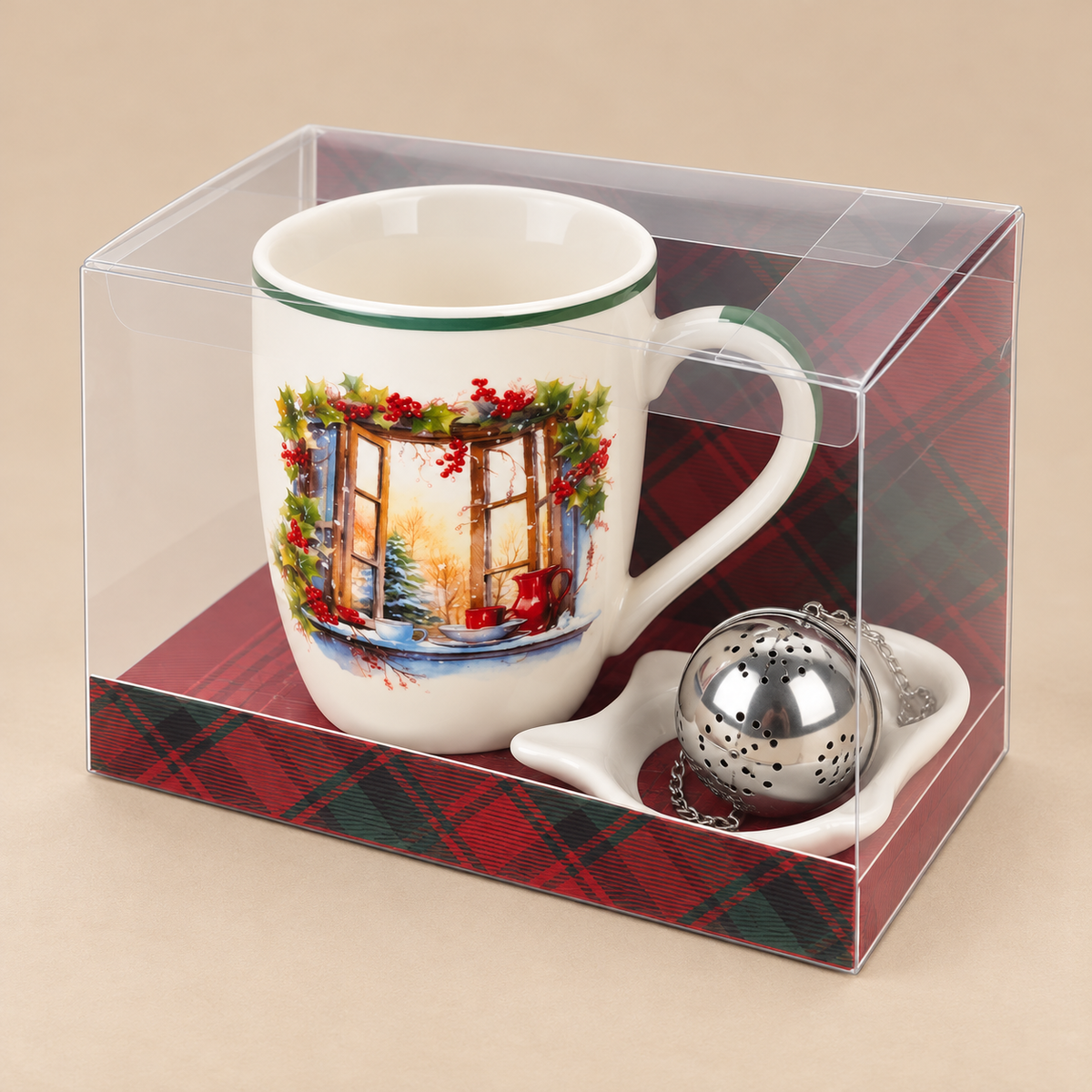 Tazza Natalizia in Ceramica con Infusore e Piattino – Decoro Finestra Invernale con Agrifoglio – 350 ml
