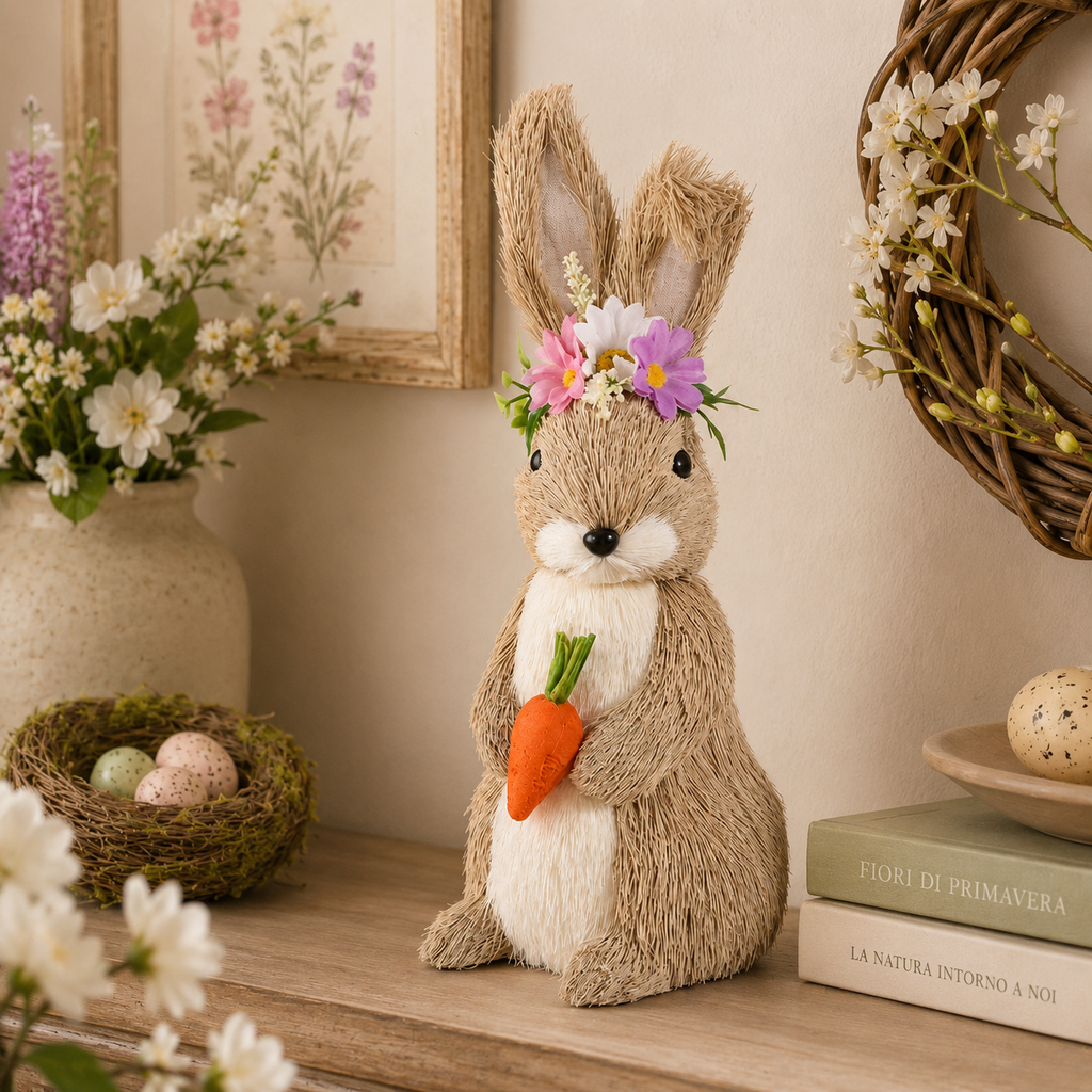 Coniglietto decorativo in fibra con carota