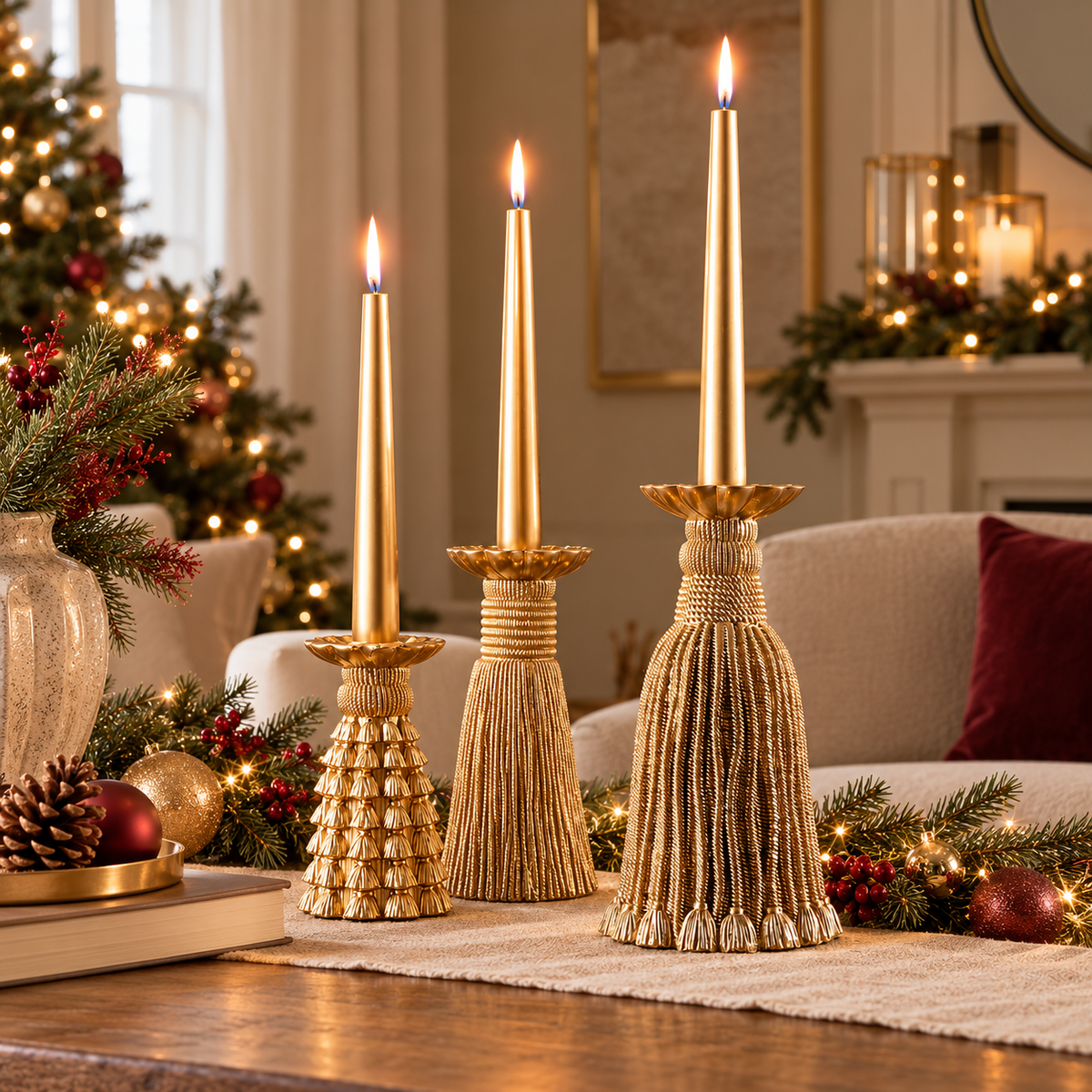 Candelabro Dorato con Frange Effetto Nappa in Resina – Collezione Festa di Luce Ø10xH20 cm
