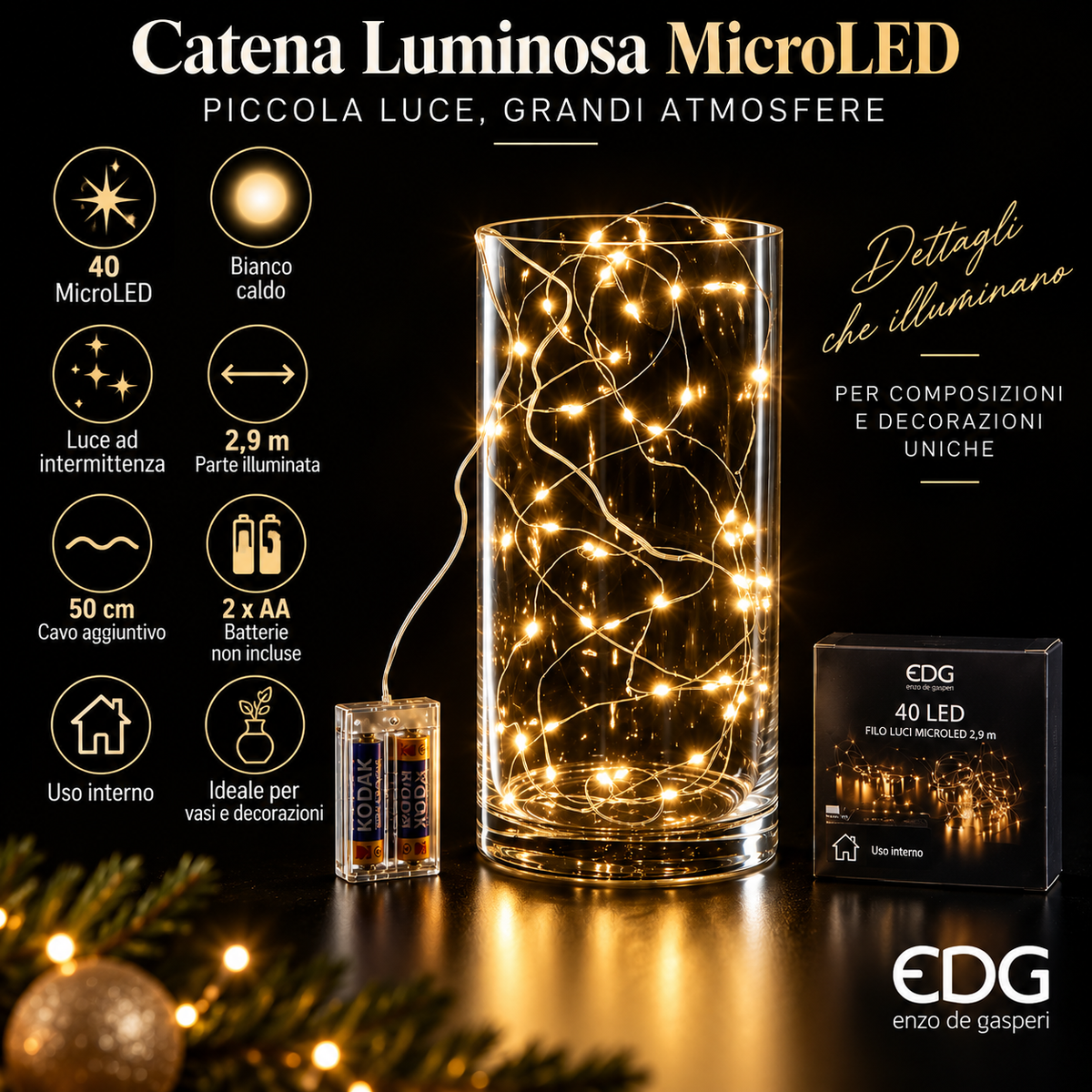 Catena Luminosa MicroLED 40 LED Bianco Caldo 2,9 m a Intermittenza a Batteria - EDG