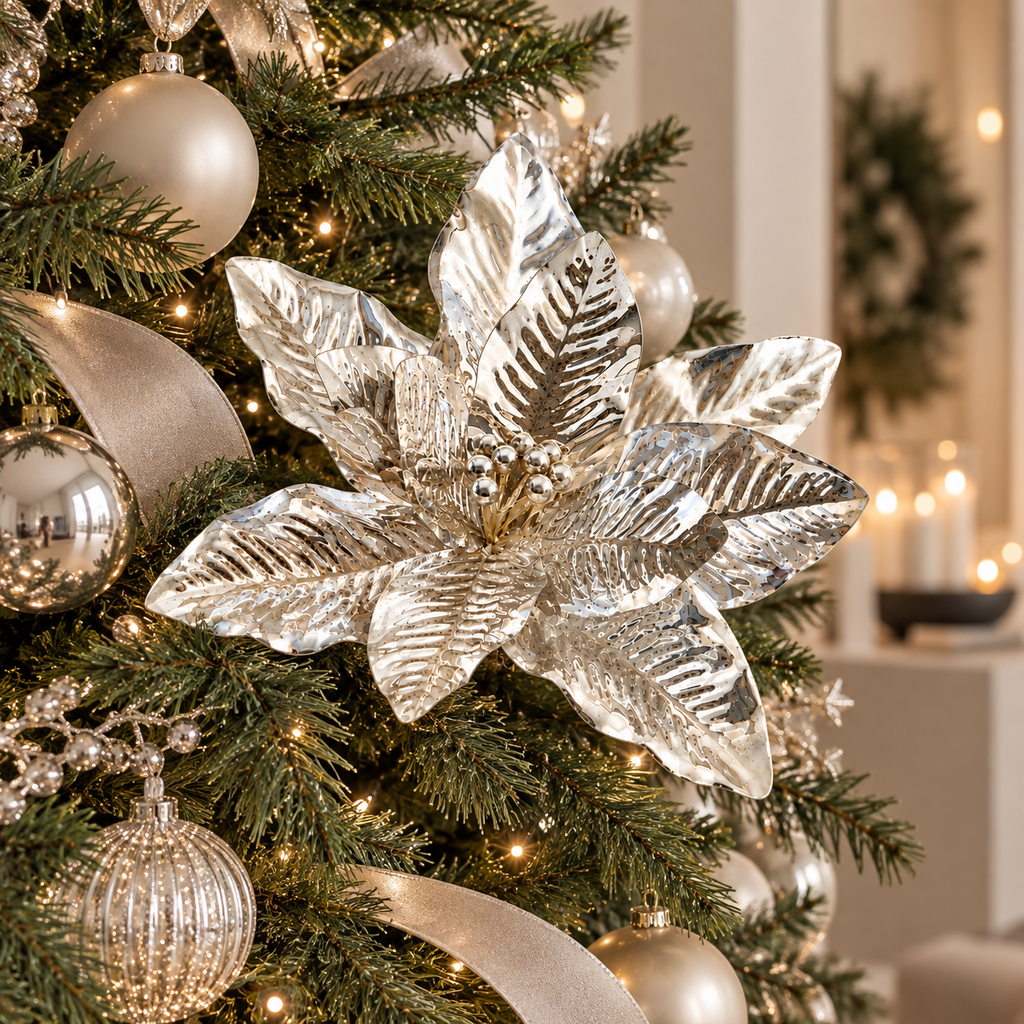 Stella di Natale Metallizzata Argento con Petali in Rilievo Effetto Specchio h.36cm