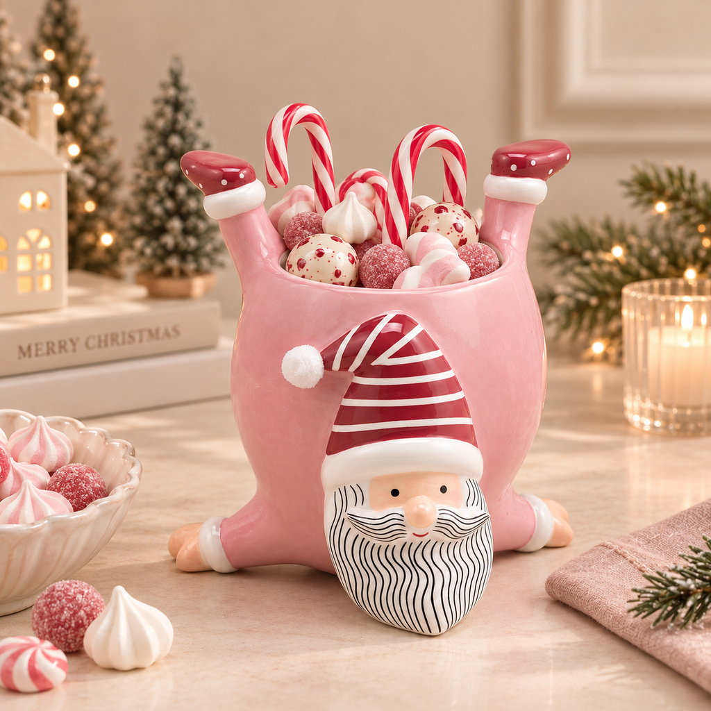 Contenitore Natalizio in Ceramica Rosa con Babbo Natale a Testa in Giù H20 cm