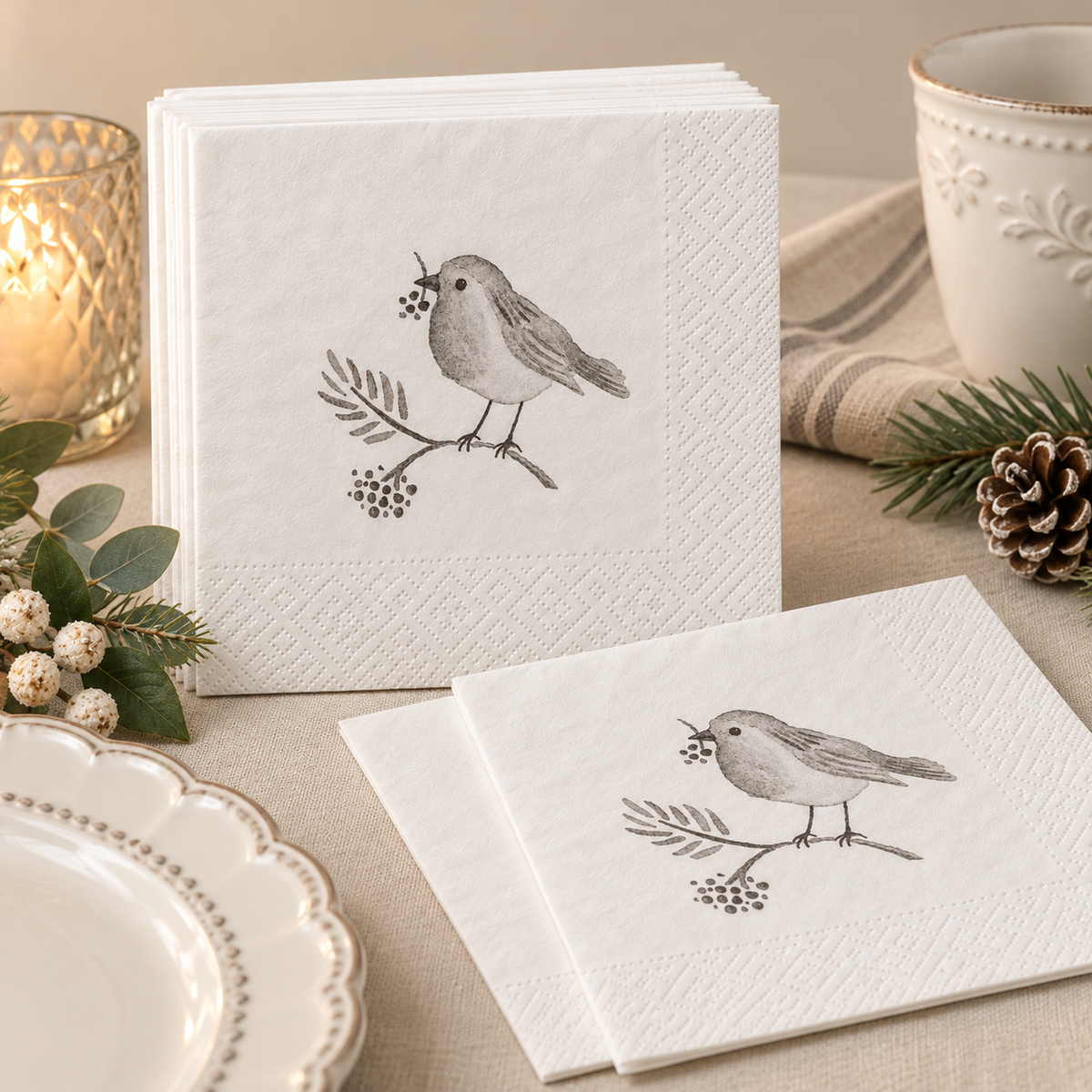 Tovaglioli di Carta Bianchi con Uccellino 33 x 33 cm - Confezione 20 Pezzi
