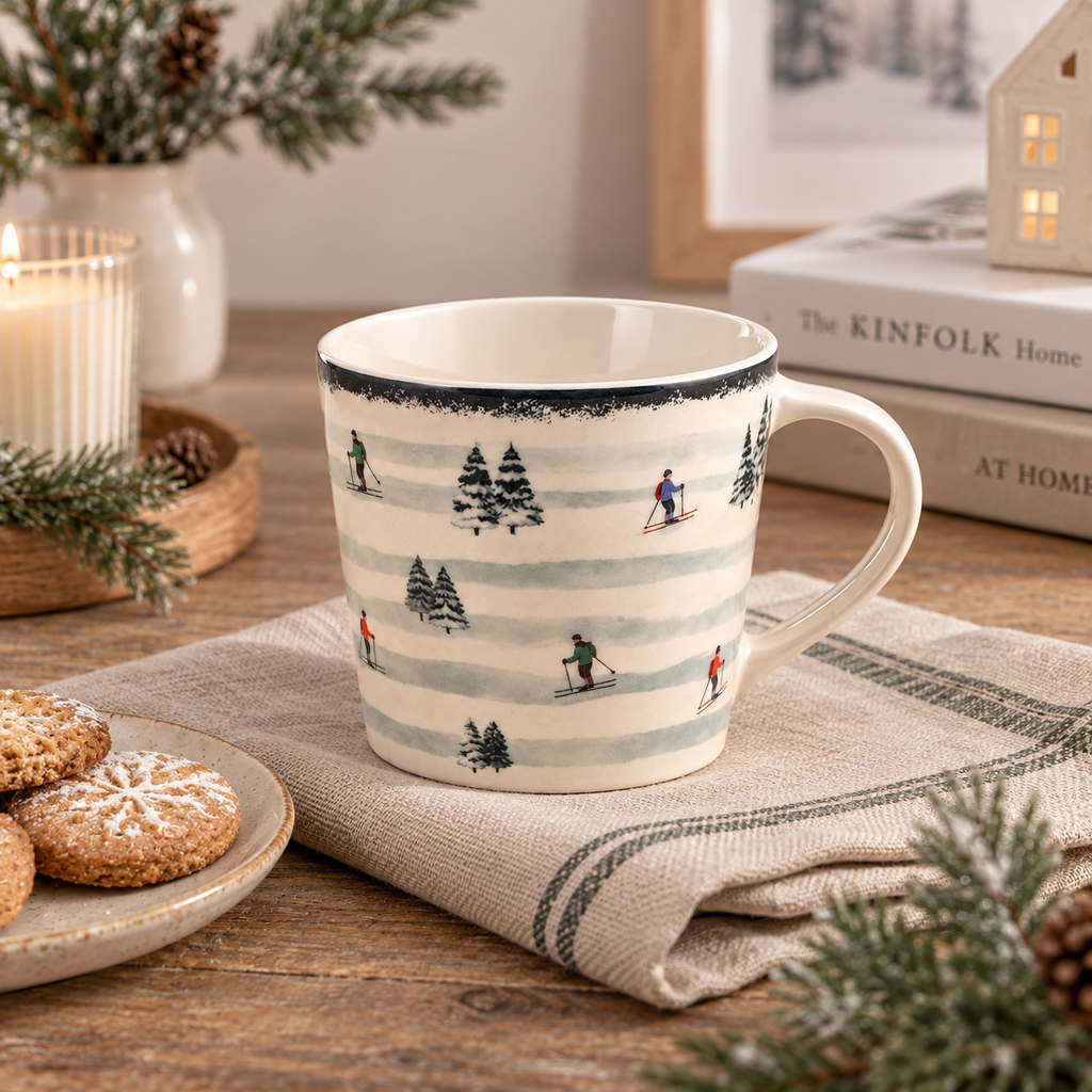 Tazza da Tè Village – Decoro Paesaggio Invernale con Sciatori e Abeti – 280 ml