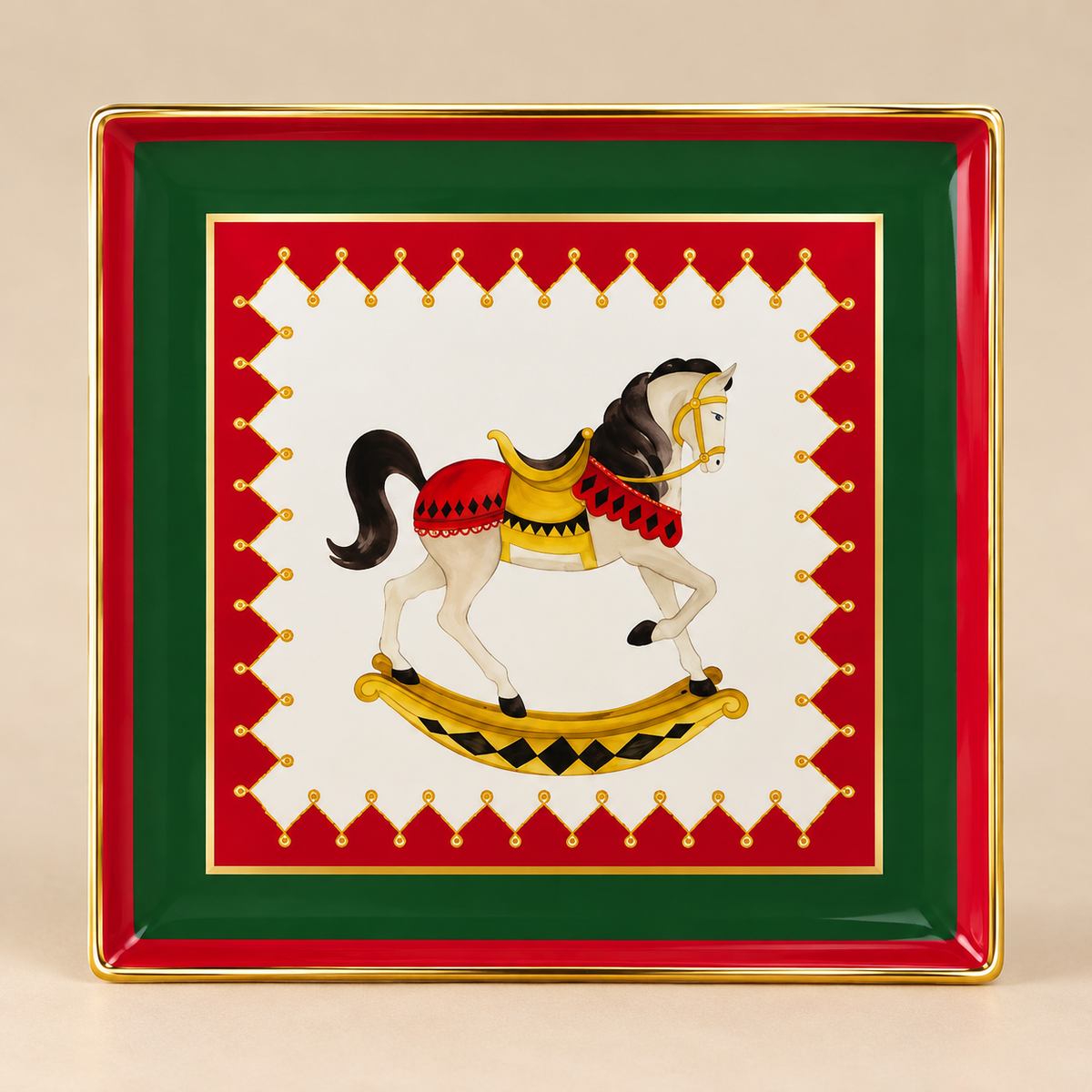 Vassoio Gourmet Natalizio Quadrato Xmas Carol in Porcellana con Cavallo a Dondolo 17 x 17 cm