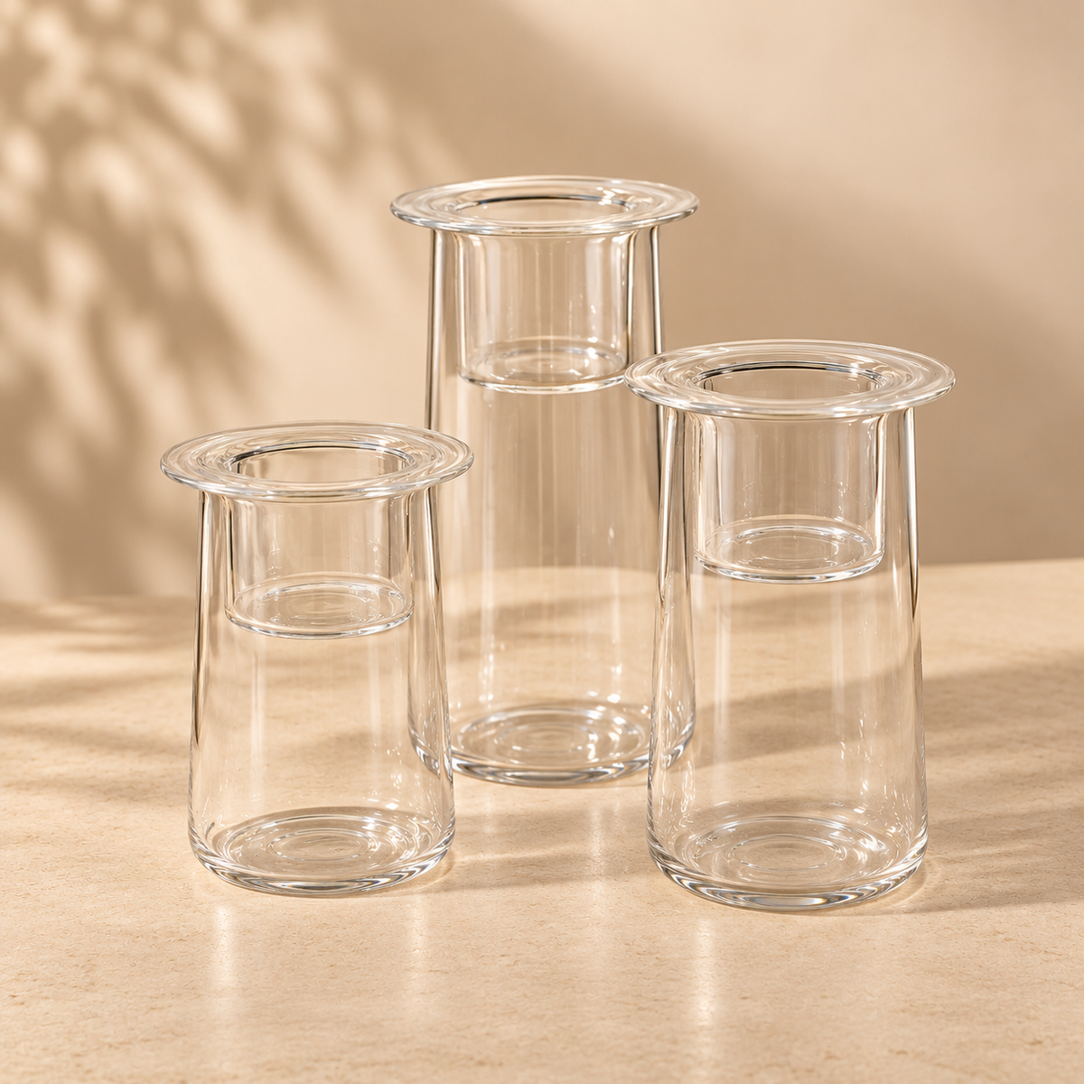 Set 3 Portatealight in Vetro Trasparente con Supporto Interno per Candeline – Ø 6,5 x H 10/12/14 cm