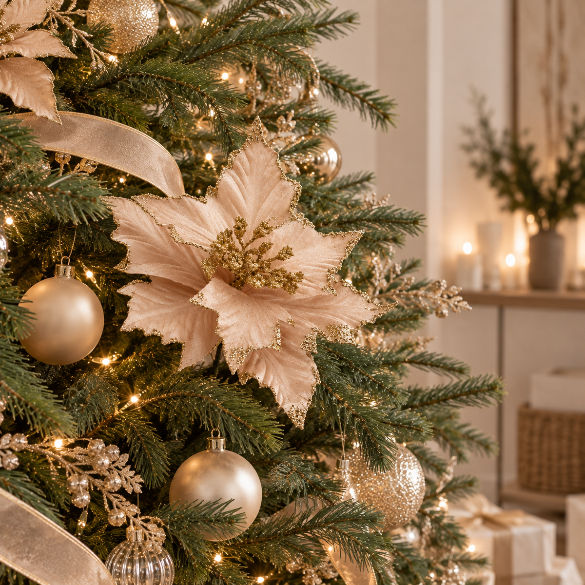 Stella di Natale Champagne con Bordi Glitter Oro e Rametto Decorativo – Ø 22 cm