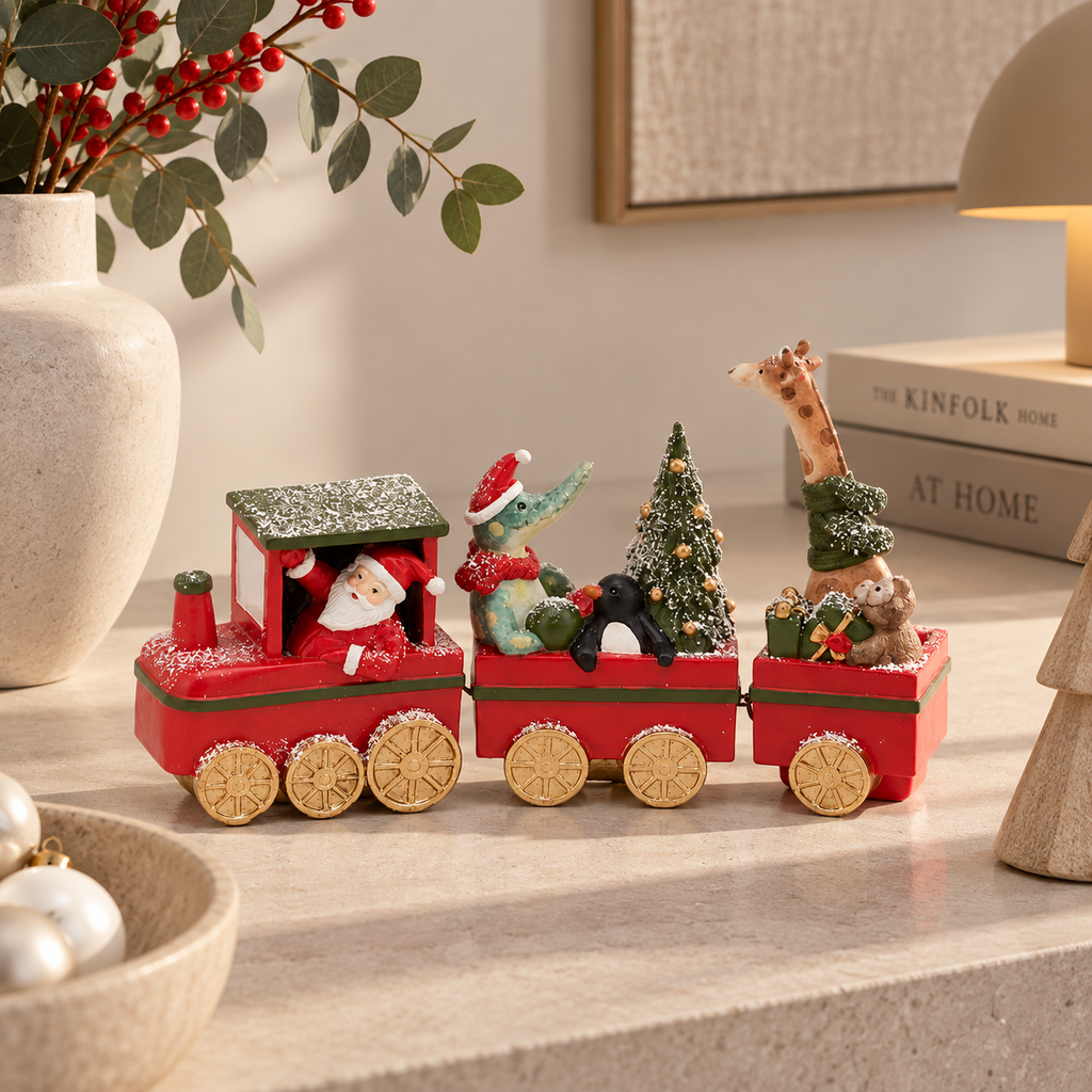 Trenino Natalizio Decorativo in Poliresina con Babbo Natale e Animali 28 x H16 cm