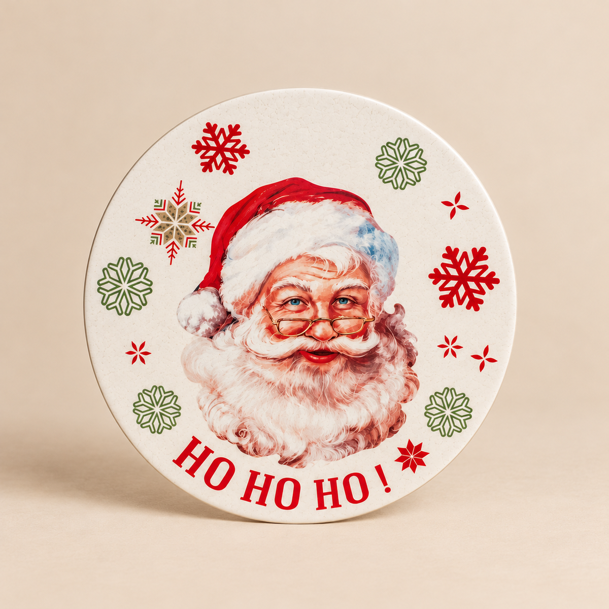 Sottopentola Natalizio Rotondo in Ceramica e Sughero con Babbo Natale Ho Ho Ho – Ø 20 cm