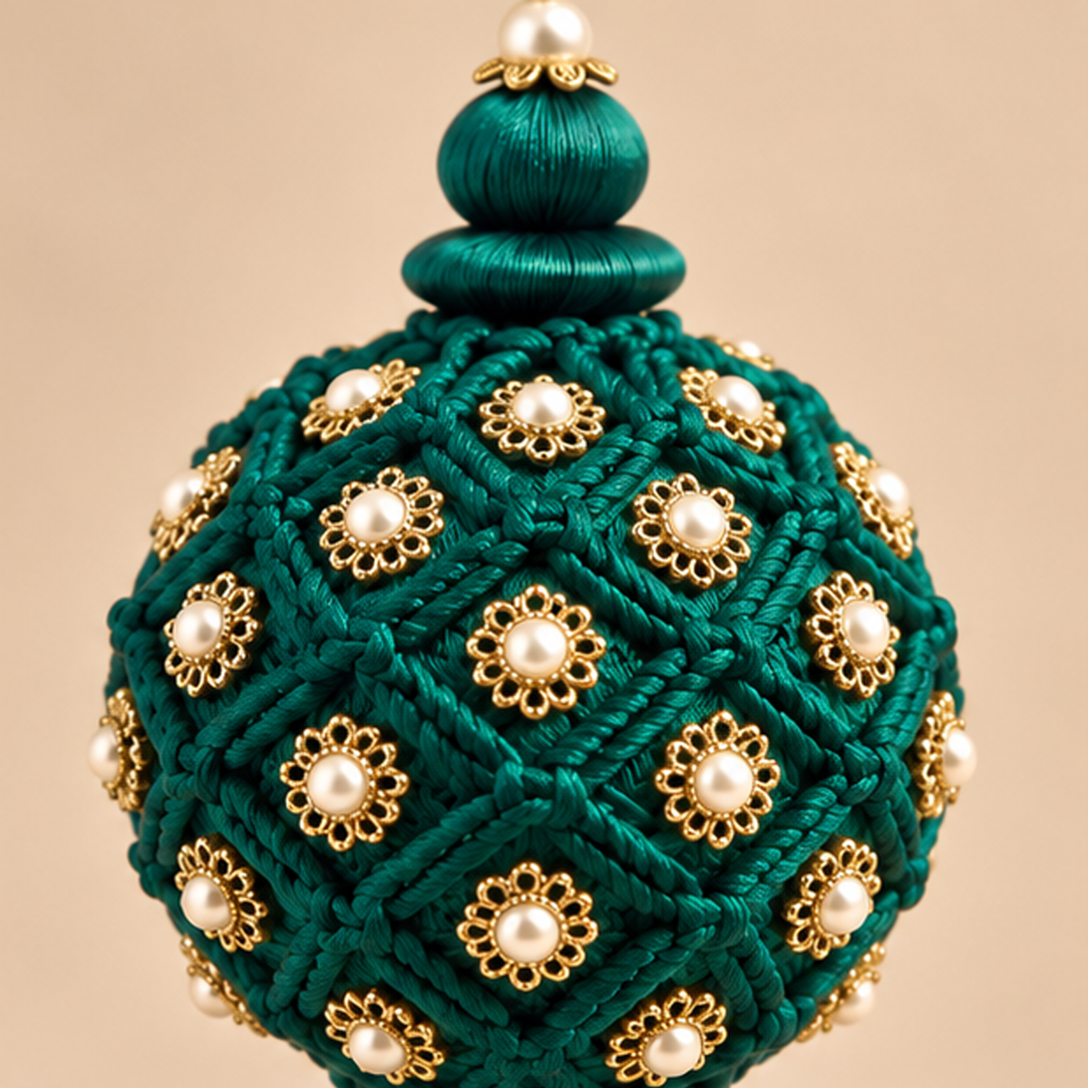 Sfera Natalizia EDG Verde Smeraldo Scuro con Ricamo Intrecciato, Dettagli Dorati e Nappa Ø8xH28 cm