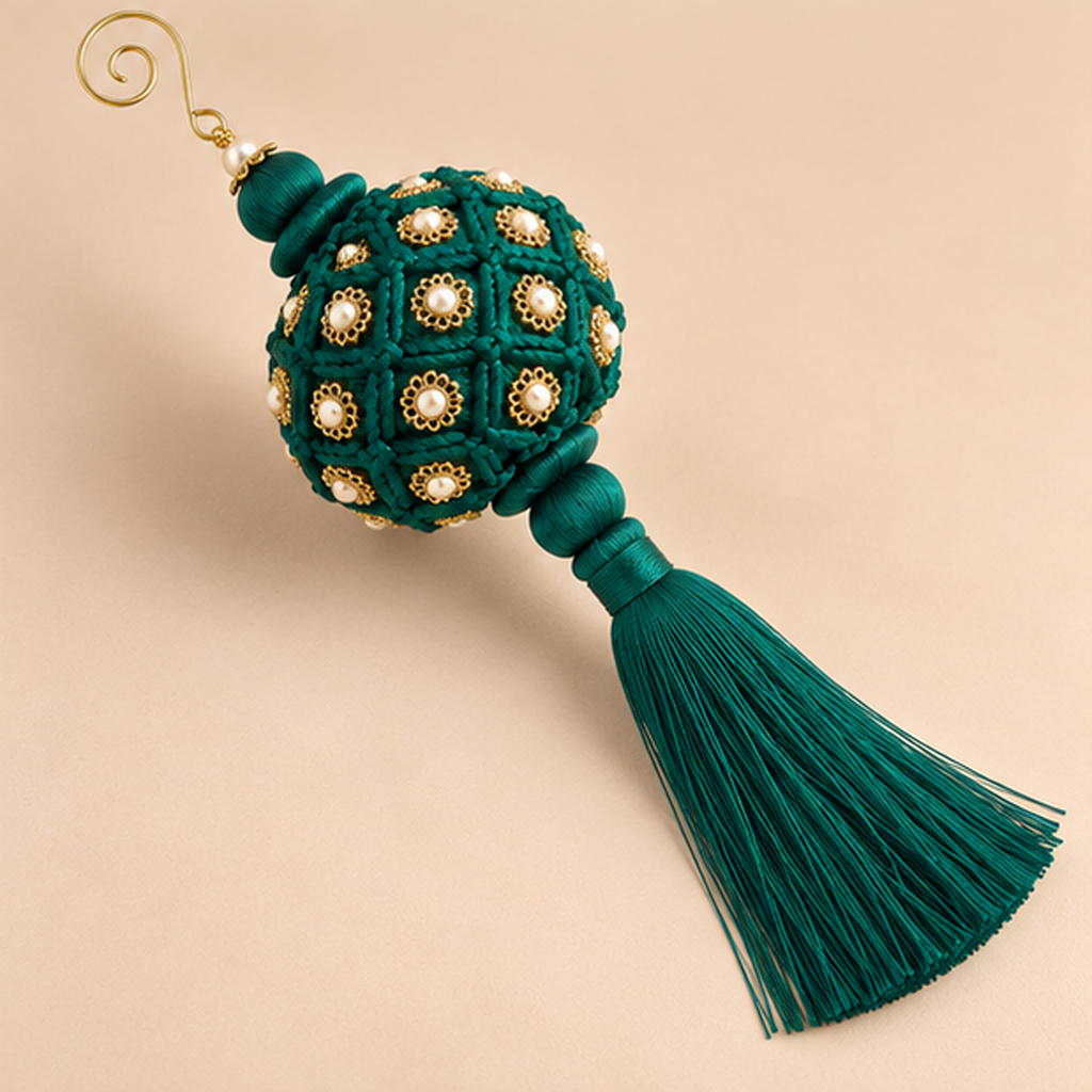 Sfera Natalizia EDG Verde Smeraldo Scuro con Ricamo Intrecciato, Dettagli Dorati e Nappa Ø8xH28 cm