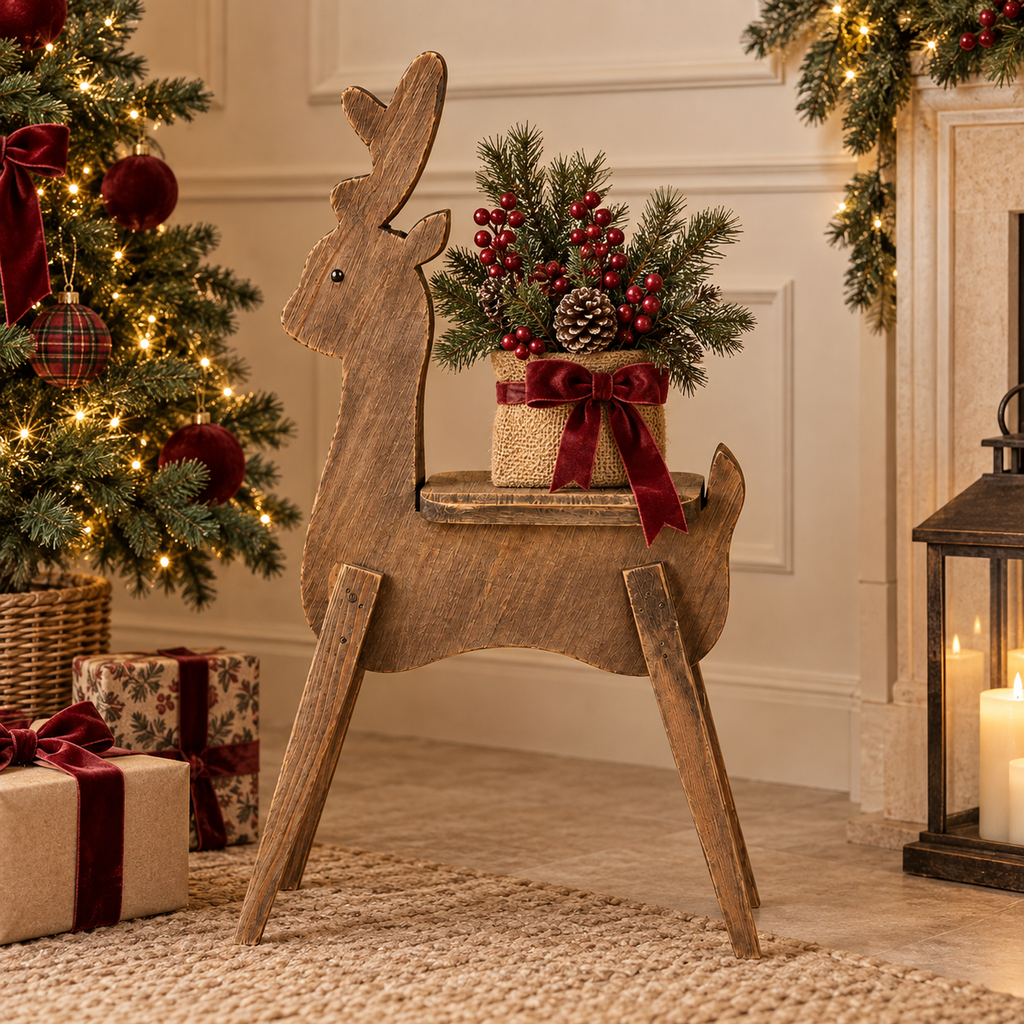 Renna Decorativa Natalizia in Legno Marrone Stile Rustico 42 x 15 x H69 cm