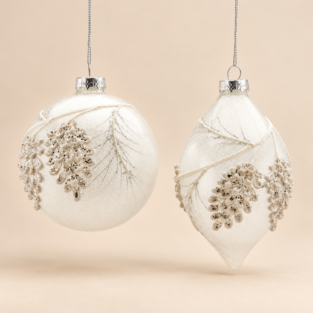 Decorazione Natalizia in Vetro Bianco e Trasparente con Rami Innevati e Glitter Argento 10 cm